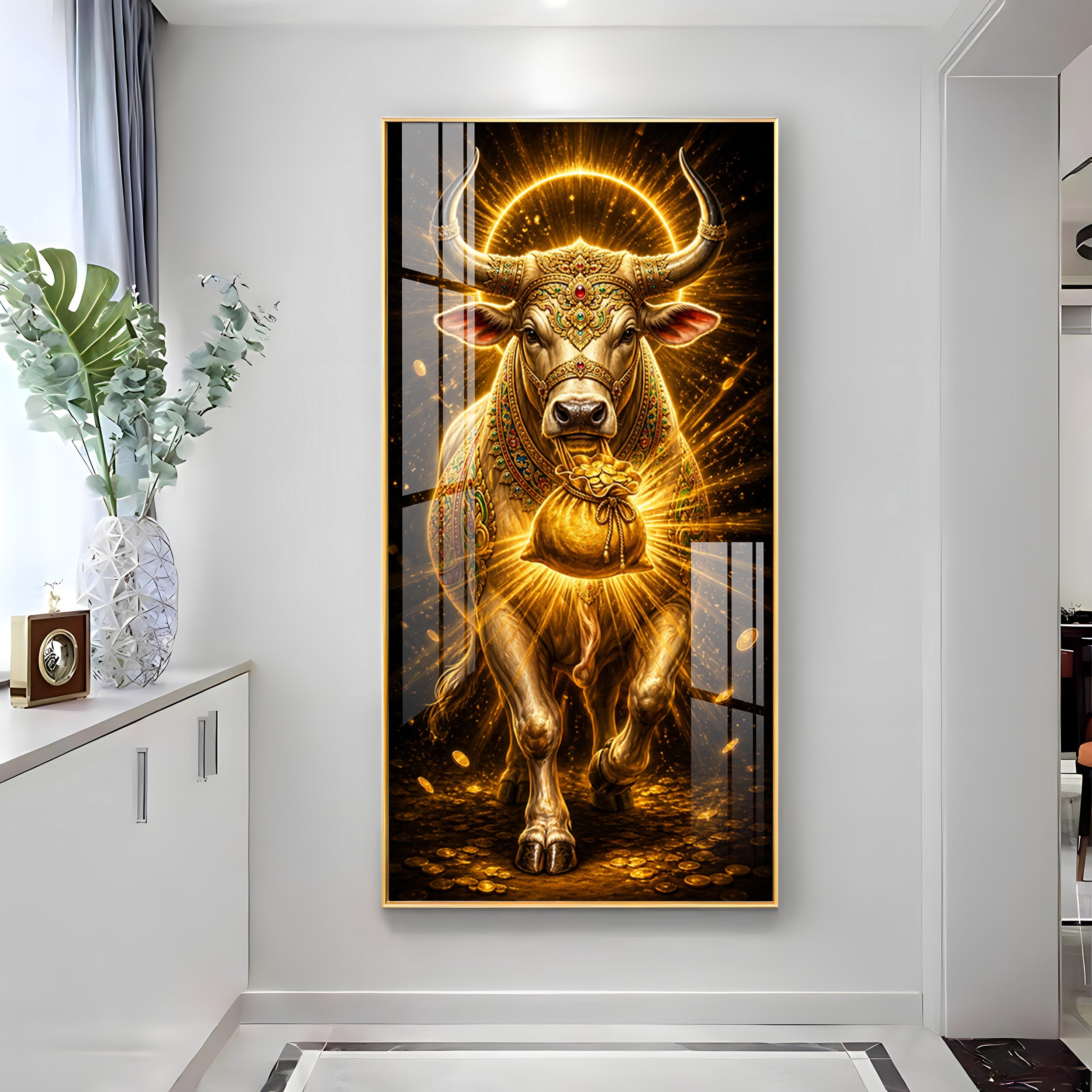 Golden Bull With Bag Of Wealth Premium Acrylic Vertical Wall Art