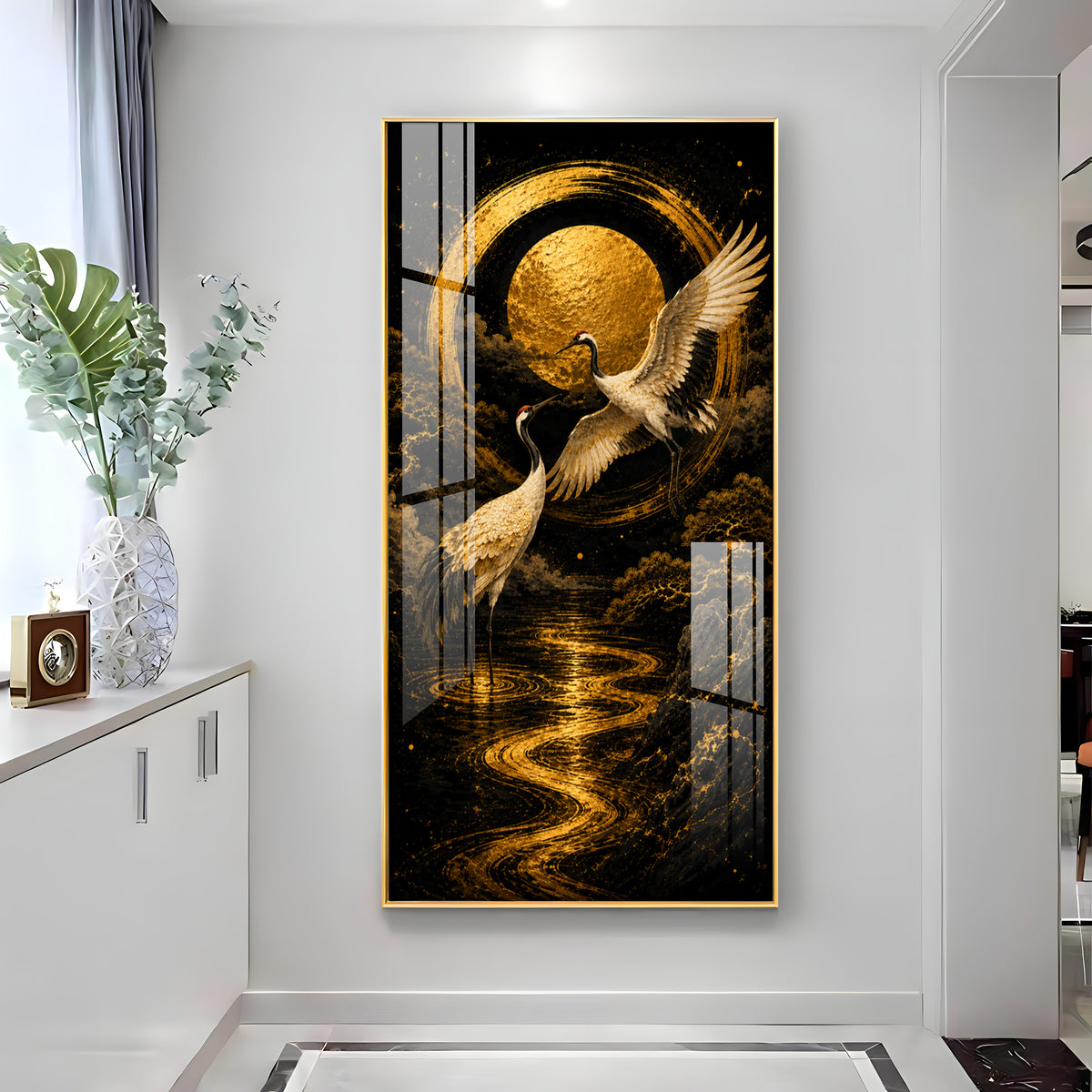 Golden Cranes & Moon Minimalist Zen Premium Acrylic Vertical Wall Art
