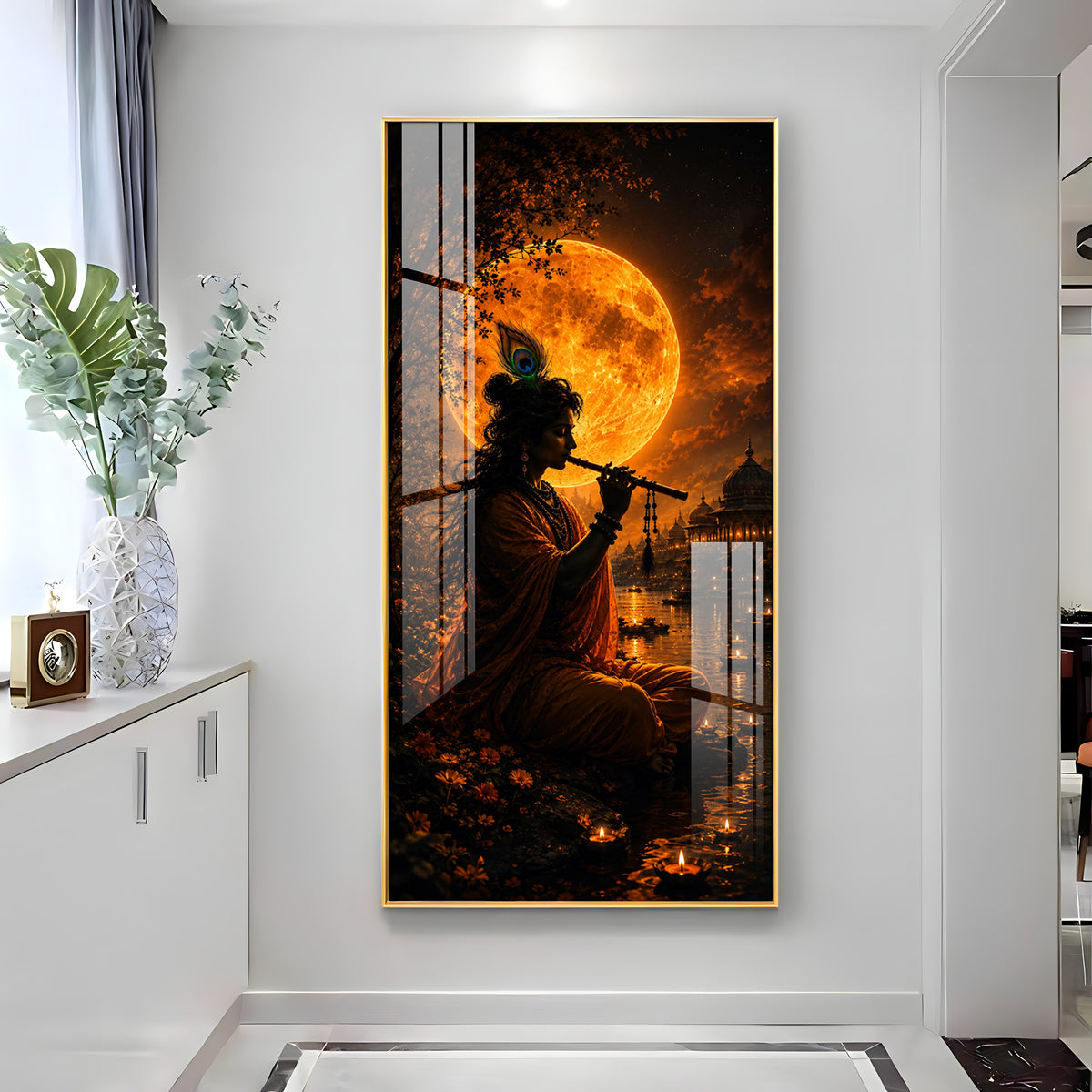 Lord Krishna Under Golden Full Moon Premium Acrylic Vertical Wall Art