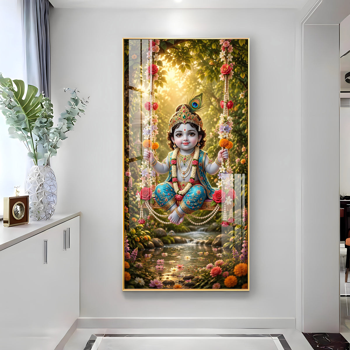 Divine Bal Krishna In Jhula Premium Acrylic Vertical Wall Art