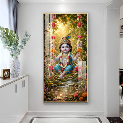 Divine Bal Krishna In Jhula Premium Acrylic Vertical Wall Art