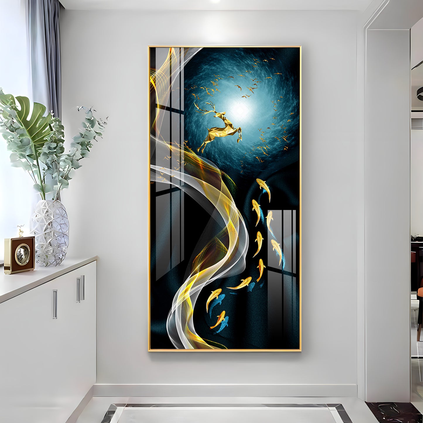 Golden Deer & Fish Premium Acrylic Vertical Wall Art