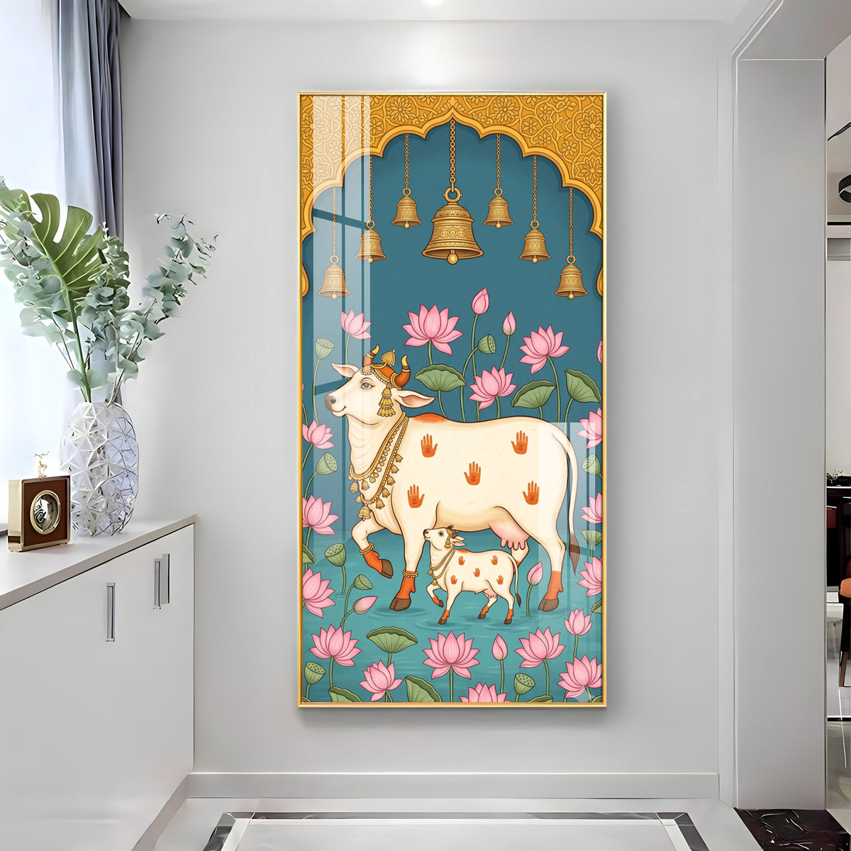 Pichwai Cow & Calf Premium Acrylic Vertical Wall Art