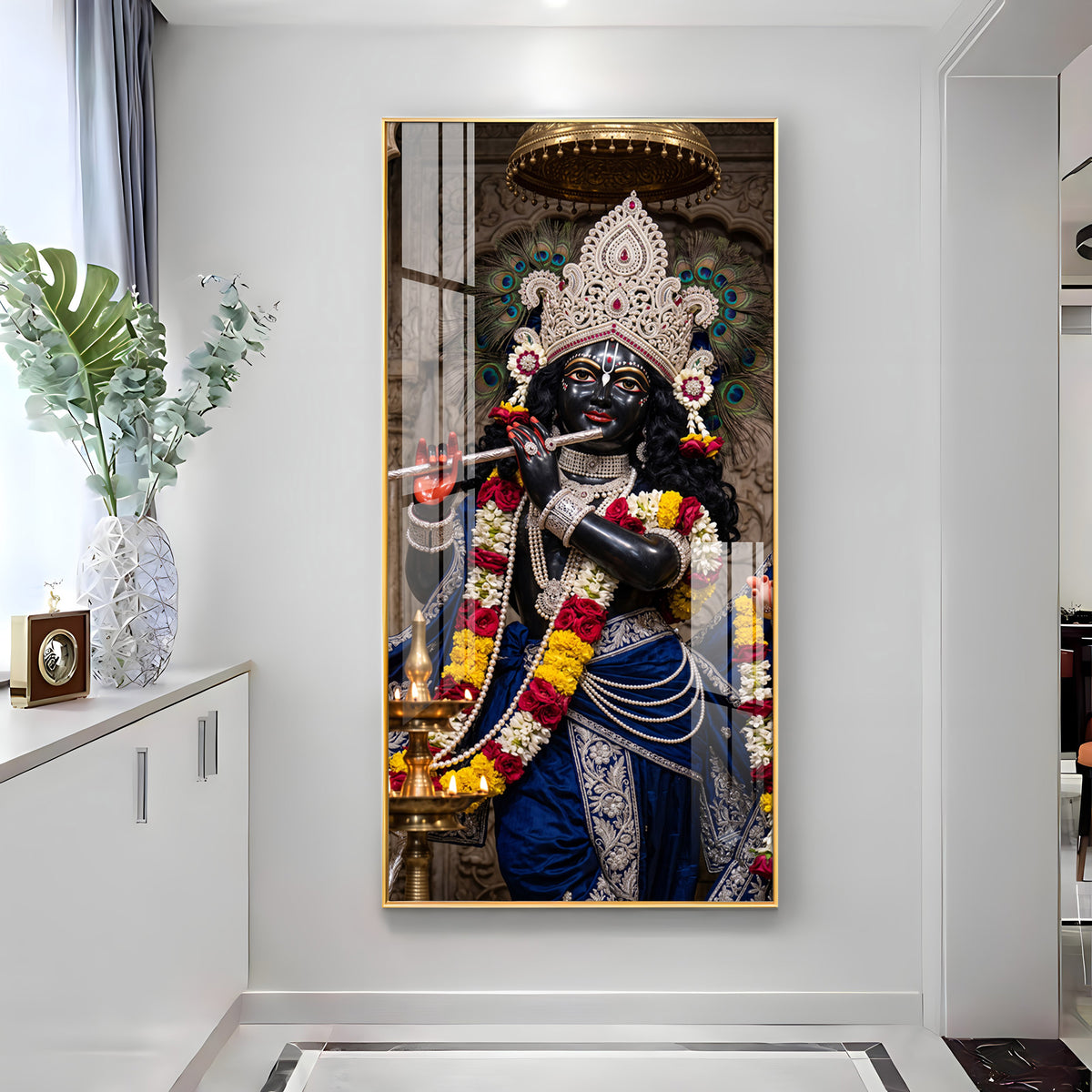Divine Krishna in Blue Attire Premium Acrylic Vertical Wall Art