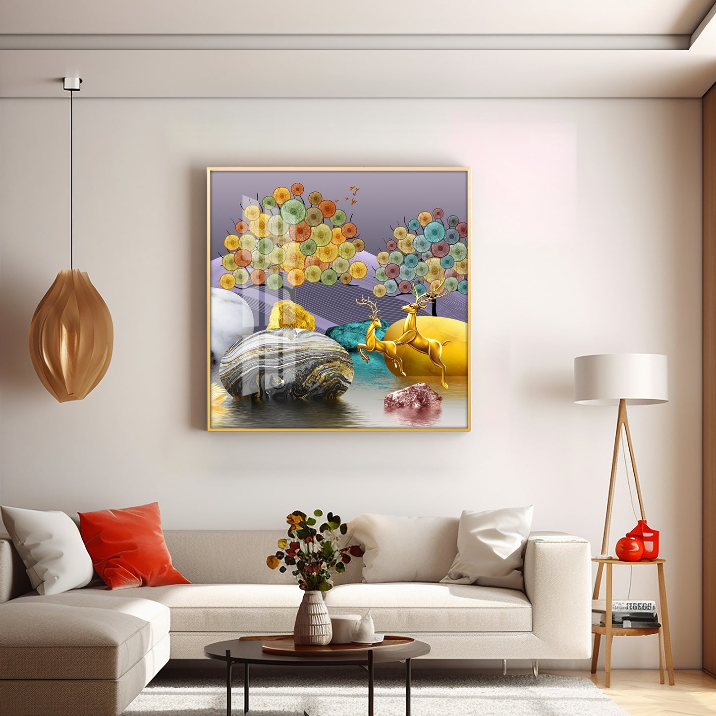 Modern Colorful Background With Golden Deer Premium Acrylic Square Wall Art