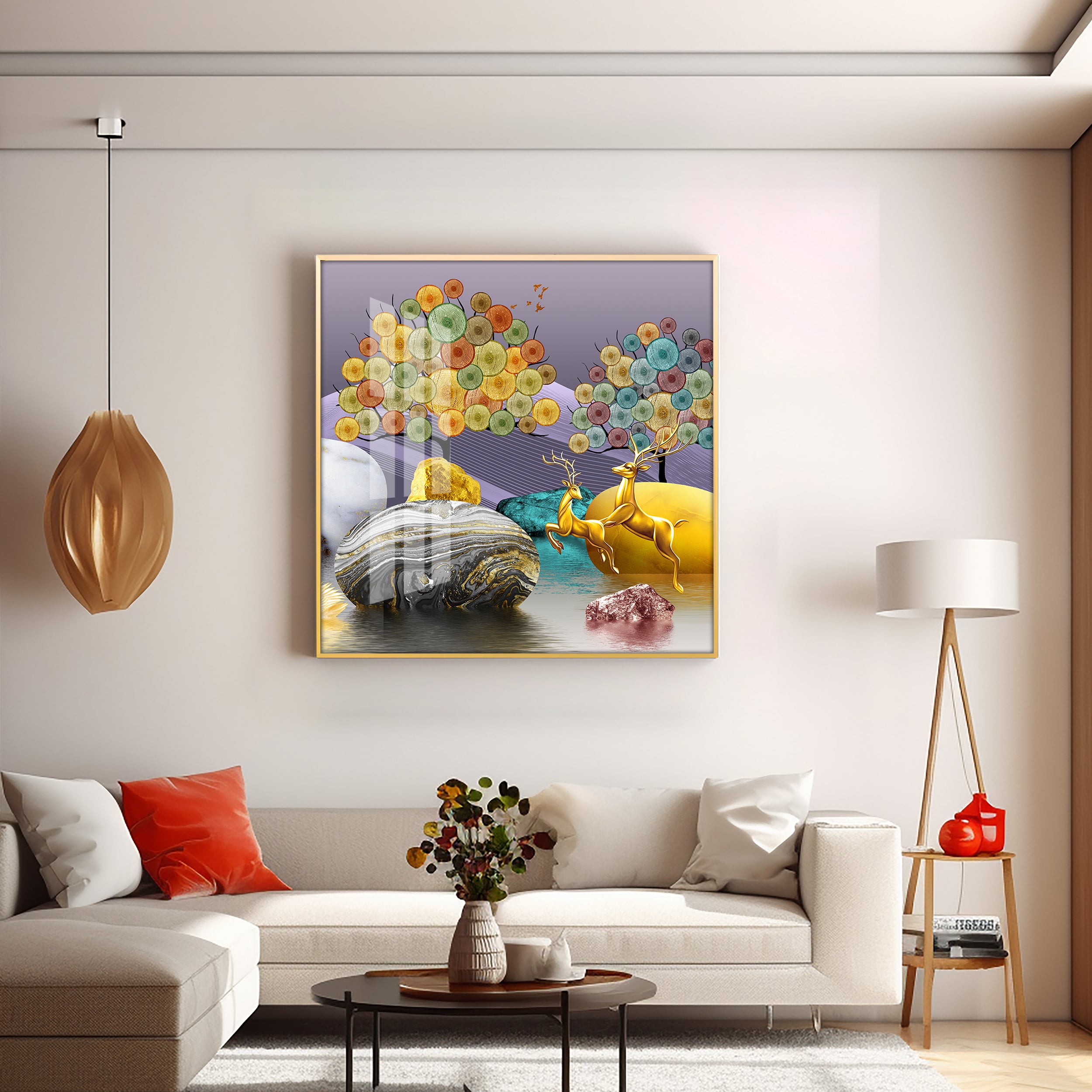 Modern Colorful Background With Golden Deer Premium Acrylic Square Wall Art