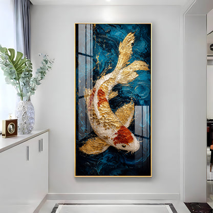 Majestic Golden & Red Koi Fish Deep Blue Background Premium Acrylic Vertical Wall Art