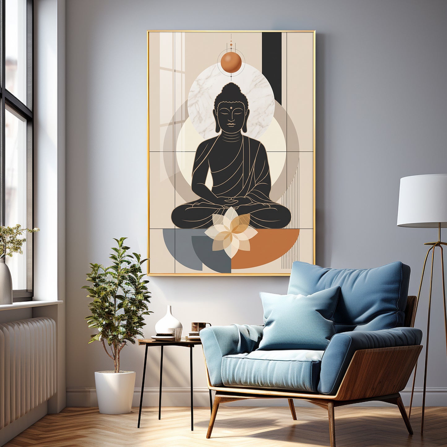 Minimal Black Buddha & Lotus Premium Acrylic Vertical Wall Art