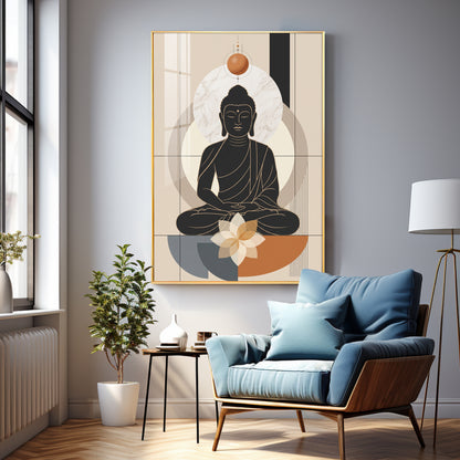 Minimal Black Buddha & Lotus Premium Acrylic Vertical Wall Art