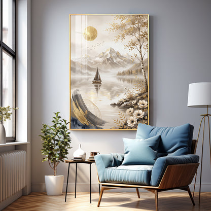 Abstract Lake Sailboat & Mountain Landscape Premium Acrylic Vertical Wall Art