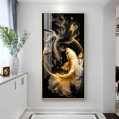 Yin Yang Golden & Black Koi Fish Premium Acrylic Vertical Wall Art
