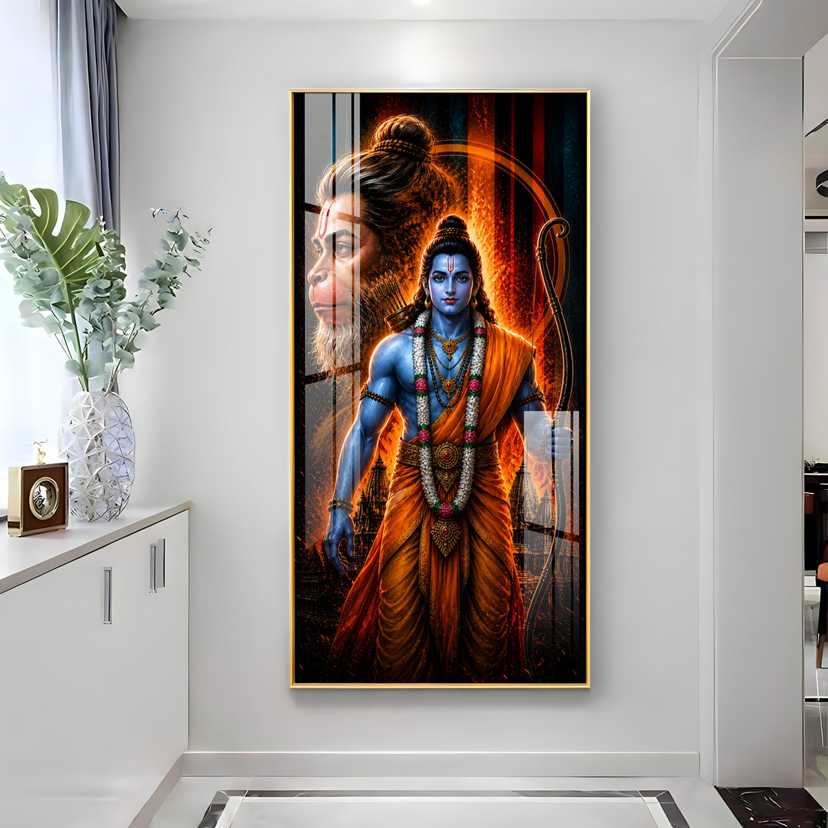 Sacred Lord Rama & Hanuman Divine Aura Premium Acrylic Vertical Wall Art