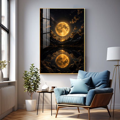 Luminous Supermoon & Mountain Lake Reflection Premium Acrylic Vertical Wall Art