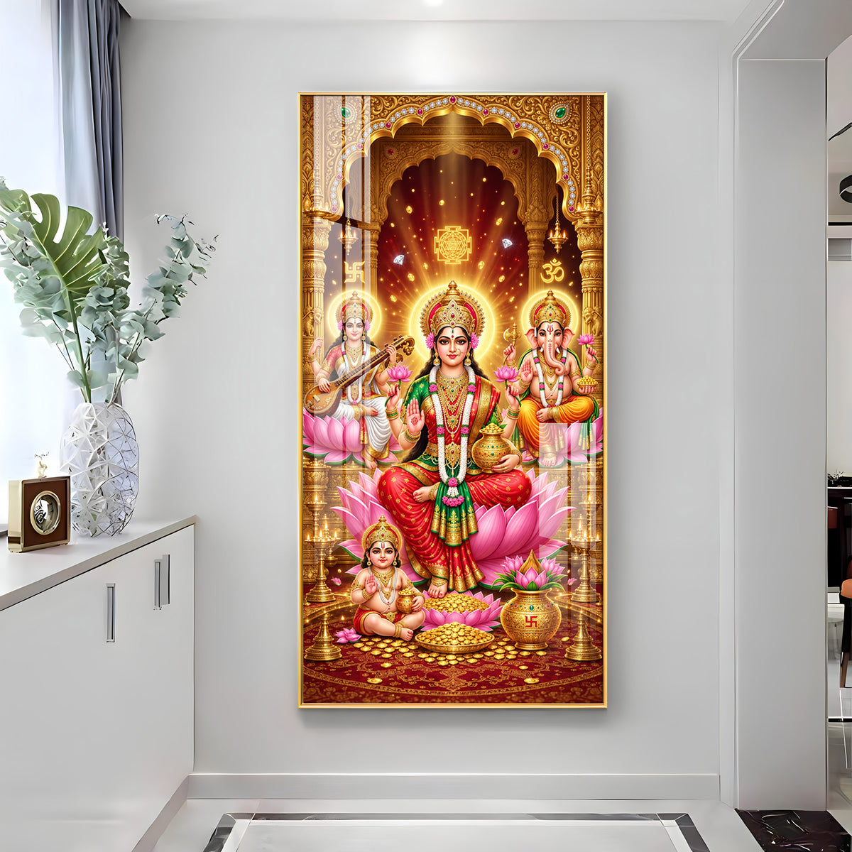 Maa Laxmi, Saraswati and Ganesh Ji Premium Acrylic Vertical Wall Art