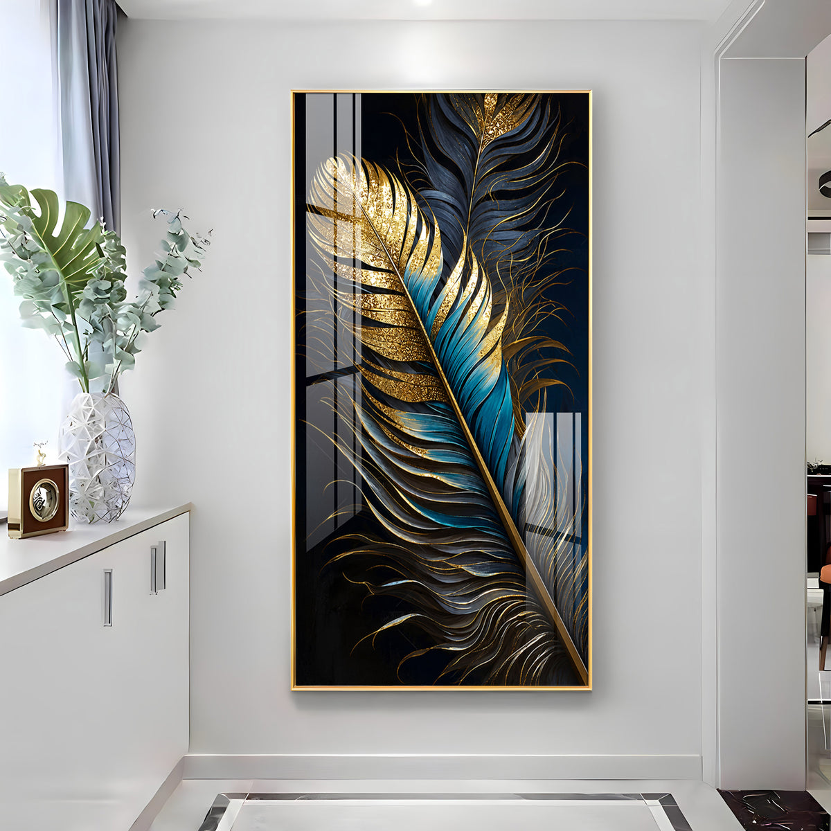Luxurious Golden & Blue Feathers Premium Acrylic Vertical Wall Art