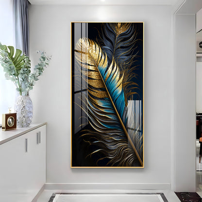 Luxurious Golden & Blue Feathers Premium Acrylic Vertical Wall Art