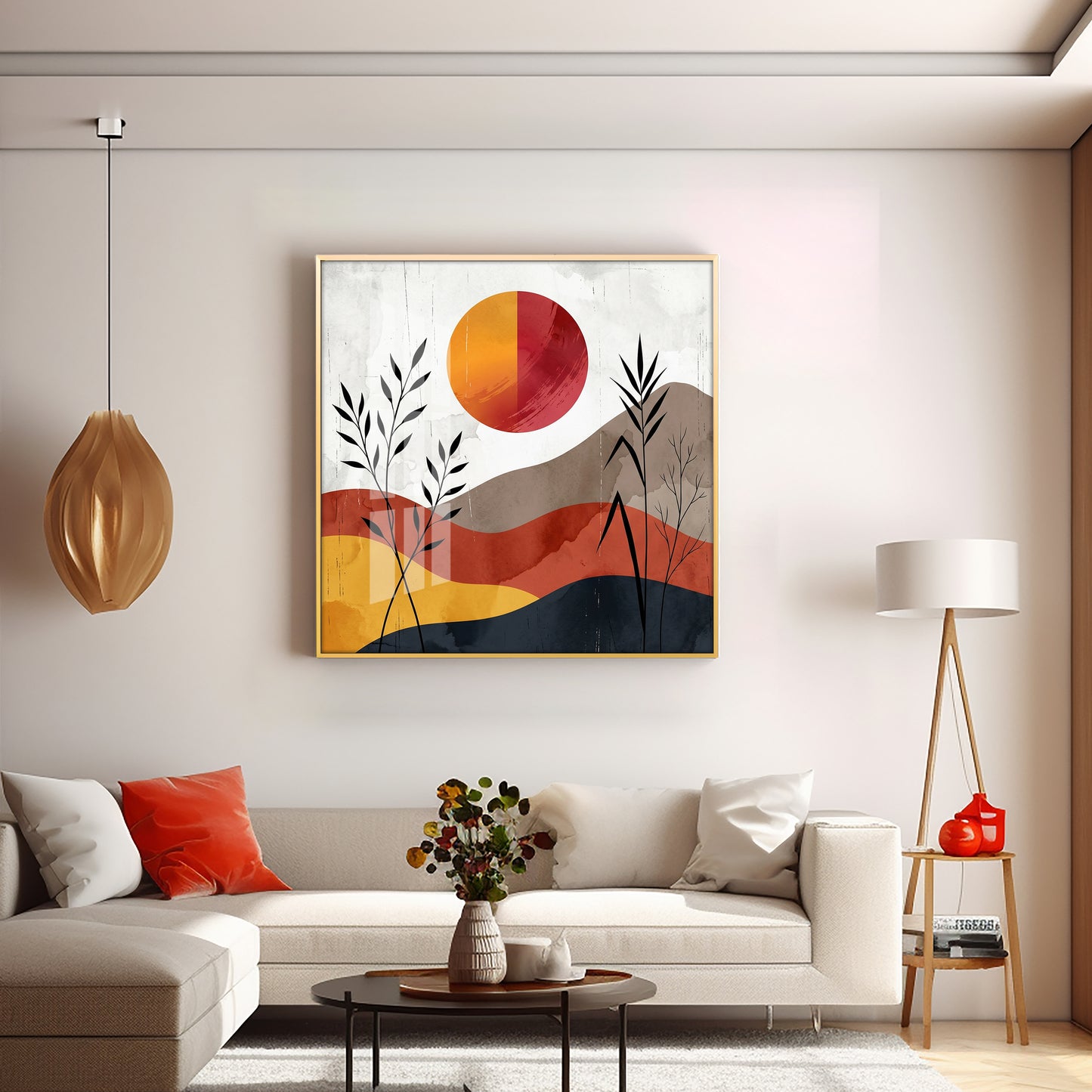 Earth-Toned Hills & Split-Color Sun Premium Acrylic Square Wall Art