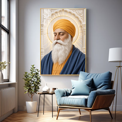 Guru Nanak Devji in Yellow Turban Premium Acrylic Vertical Wall Art