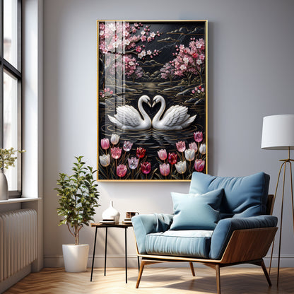 Swan Pair On A Pond Premium Acrylic Vertical Wall Art