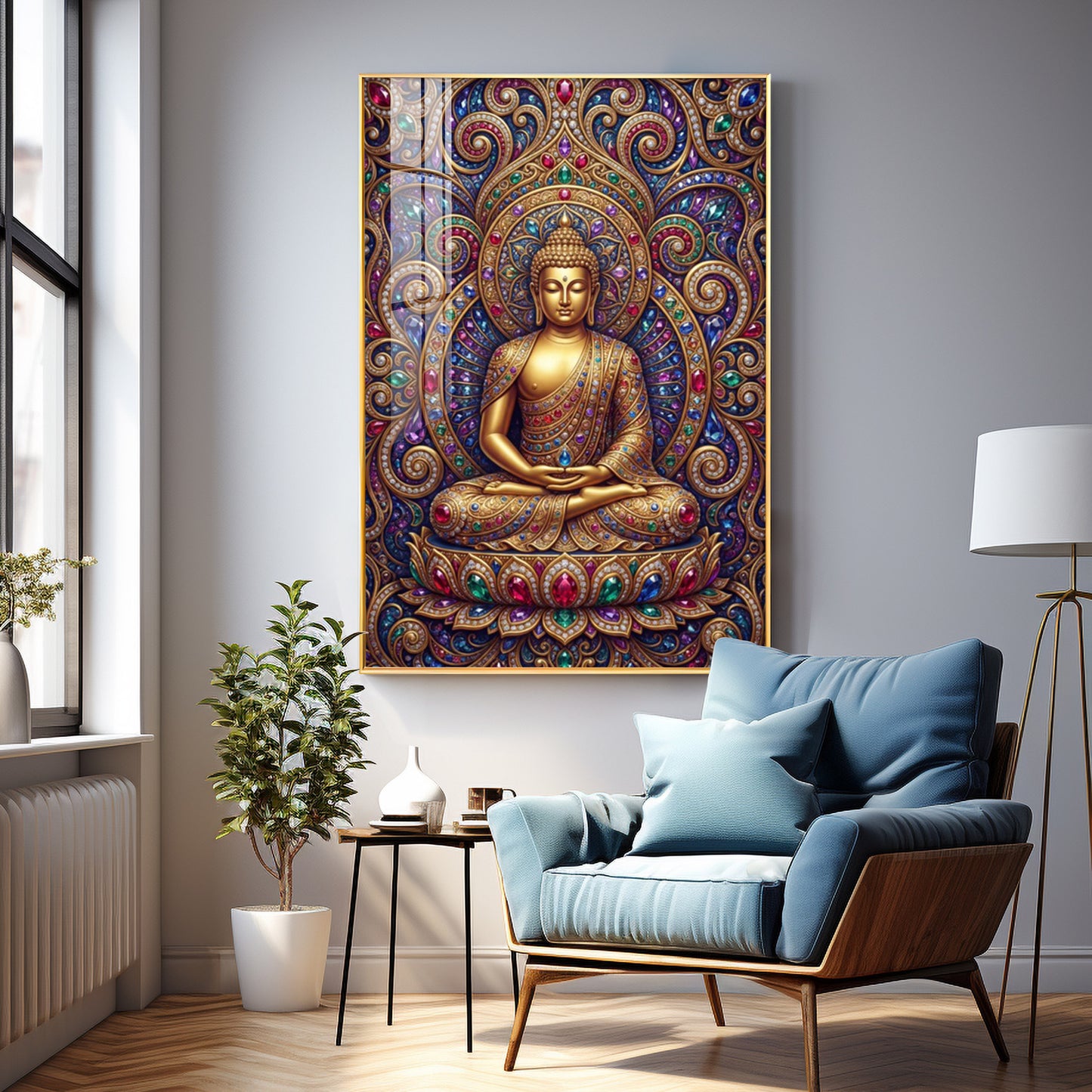 Colourful Meditating Buddha Premium Acrylic Vertical Wall Art