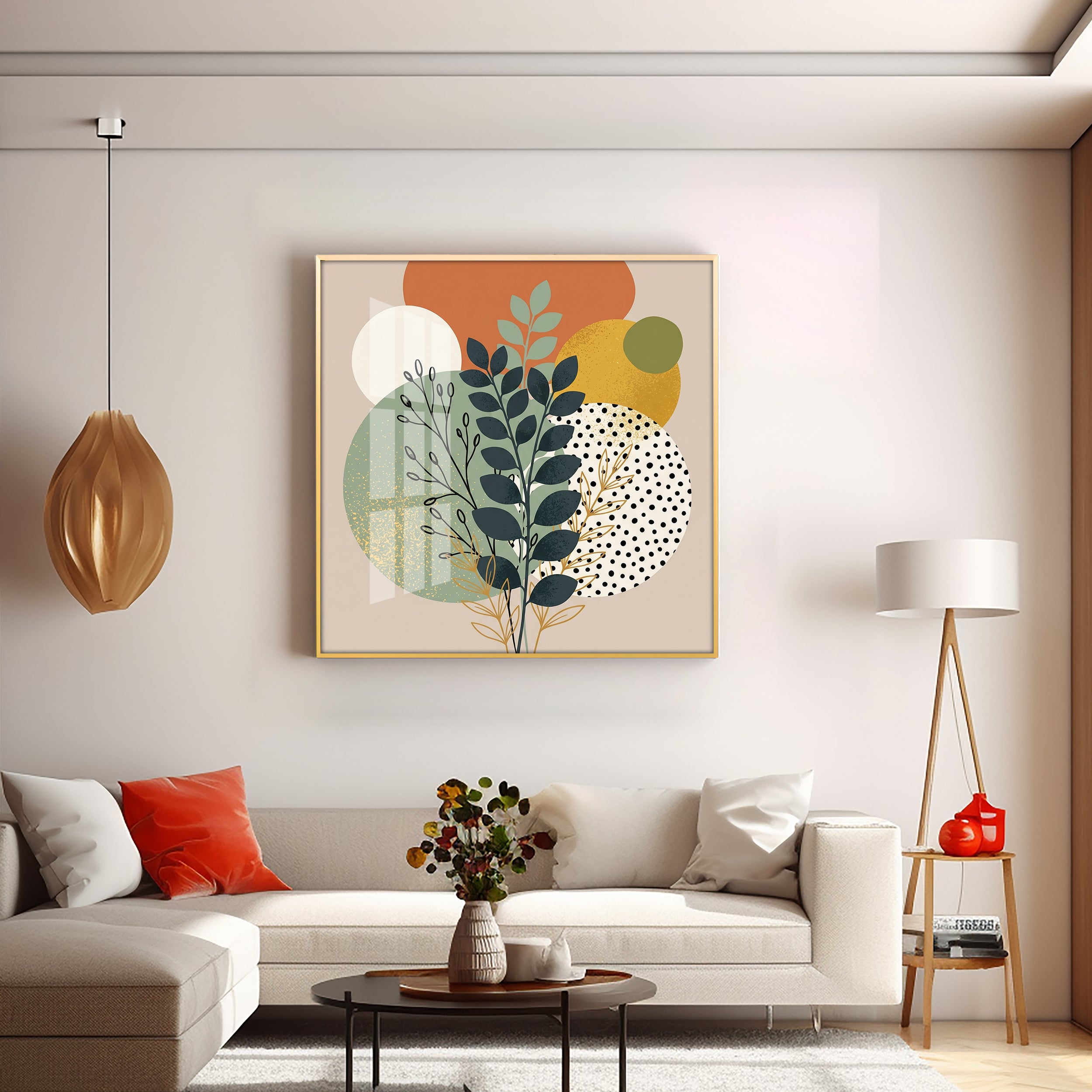 Leafy Branches Geometric Shapes Premium Acrylic Square Wall Art