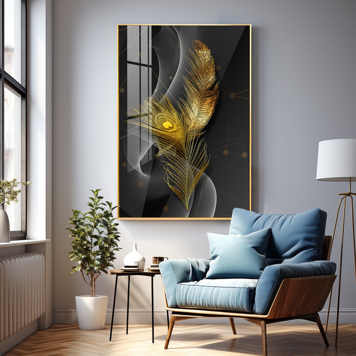 Golden Elegance Feather Premium Acrylic Vertical Wall Art