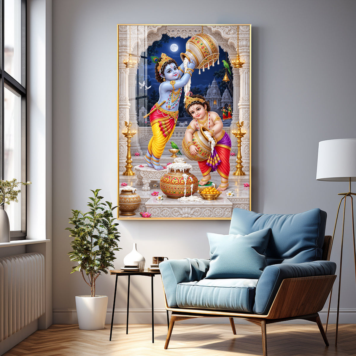 Little Krishna Balaram Makhan Chori Premium Acrylic Vertical Wall Art
