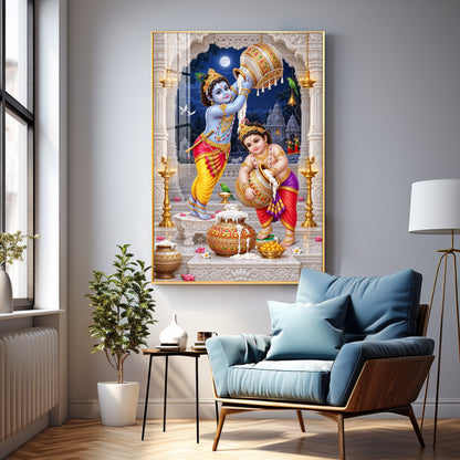 Little Krishna Balaram Makhan Chori Premium Acrylic Vertical Wall Art