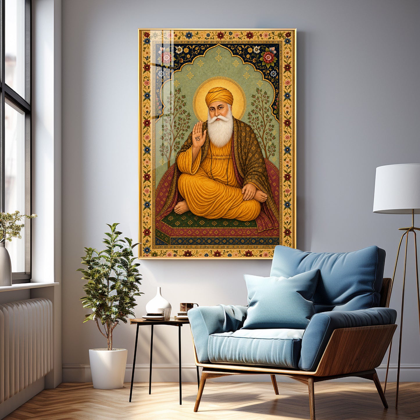 Guru Nanak Dev Ji Floral Border Premium Acrylic Vertical Wall Art