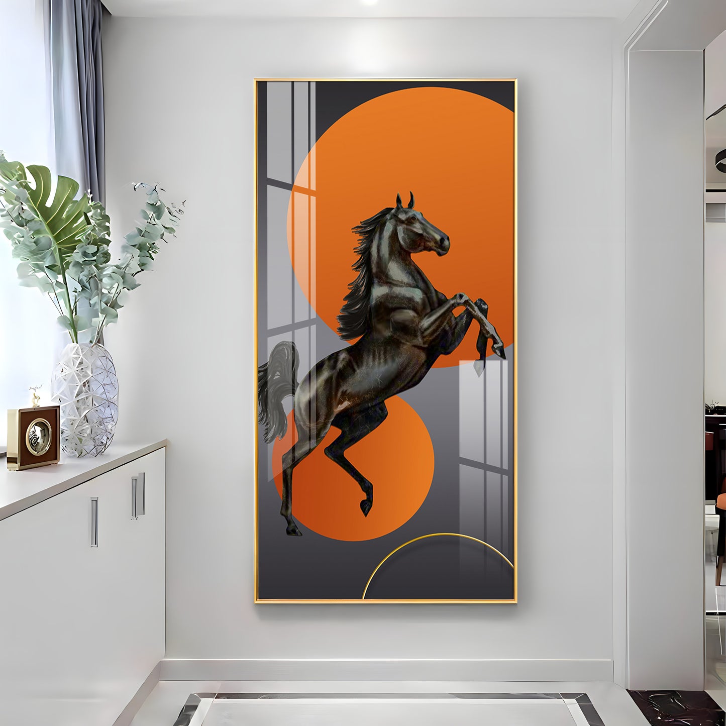 Black Horse With Vibrant Orange Background Premium Acrylic Vertical Wall Art