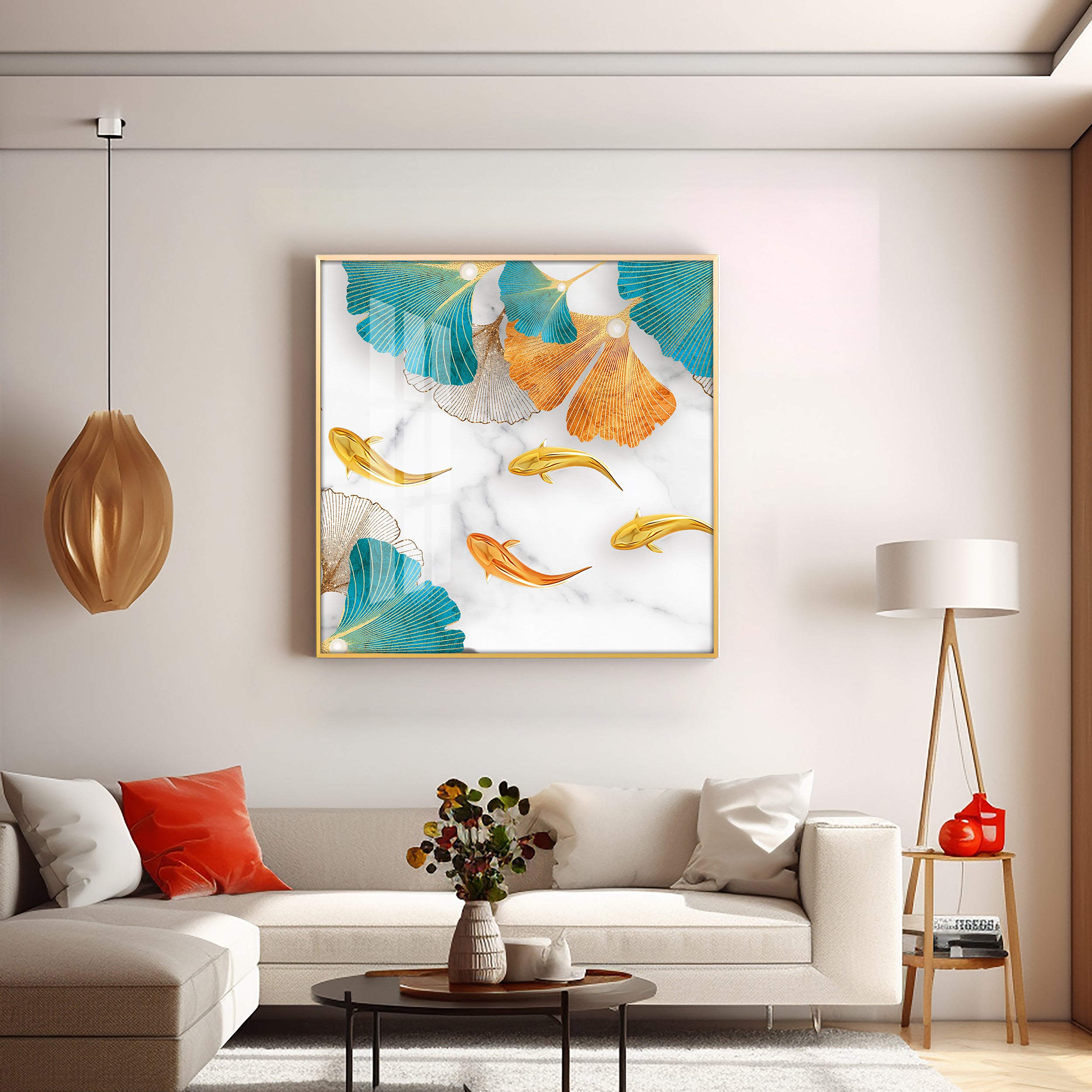 Fishes With Blue & Golden Leaf Premium Acrylic Square Wall Art