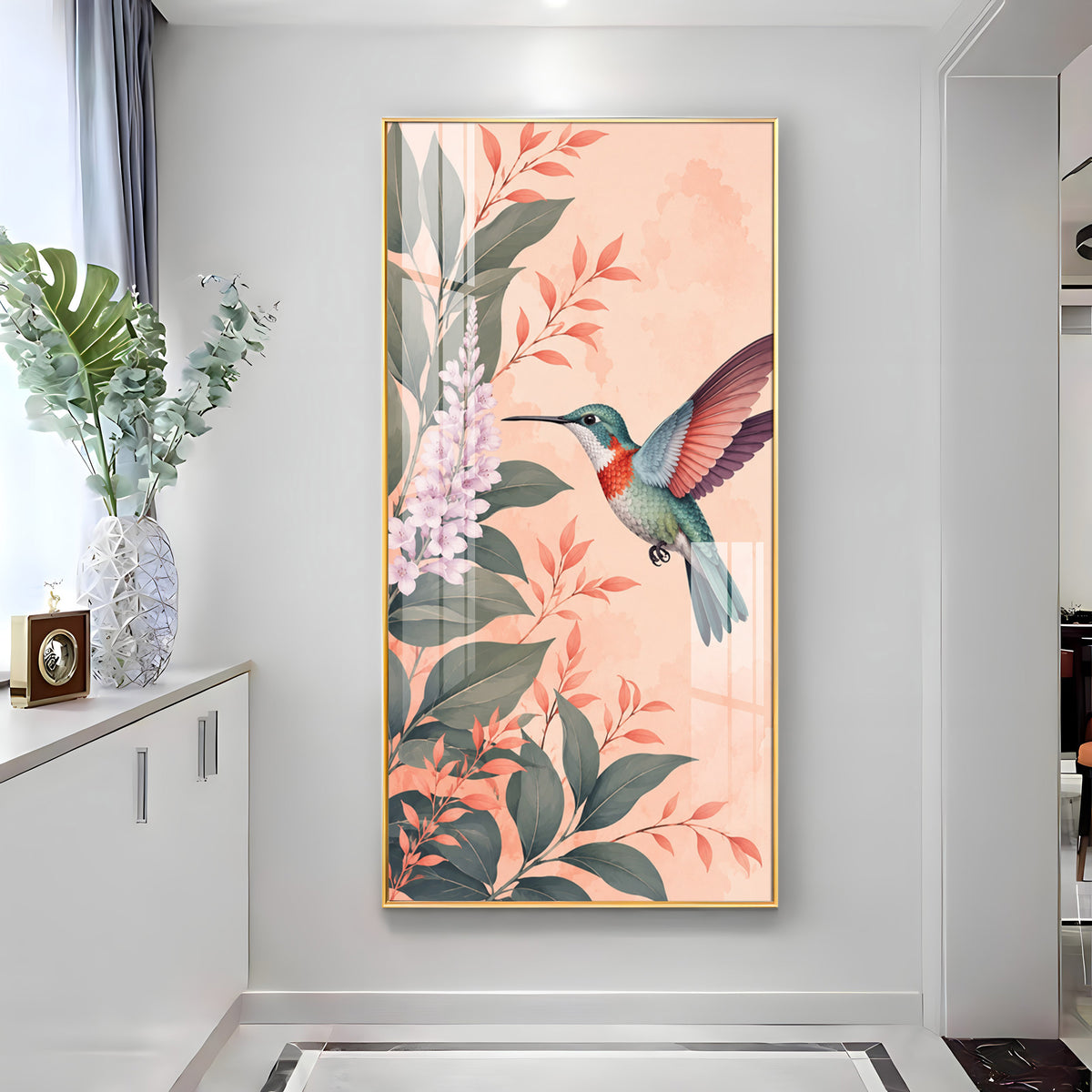 Hummingbird & Botanical Flowers Premium Acrylic Vertical Wall Art