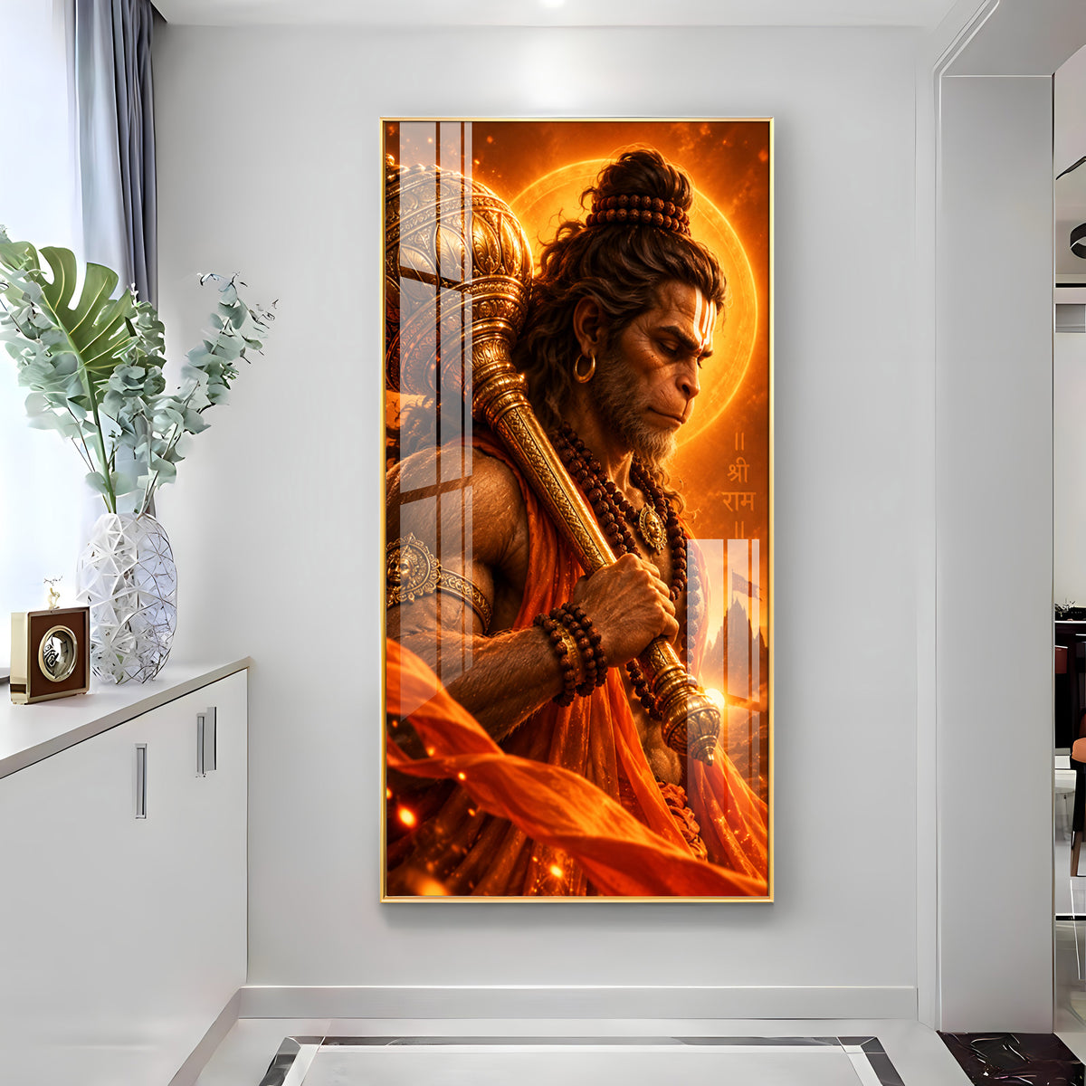 Hanuman With Golden Gada Premium Acrylic Vertical Wall Art