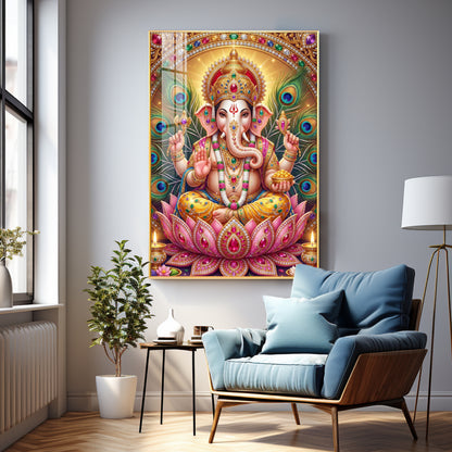 Lord Ganesha With Pink Lotus Premium Acrylic Vertical Wall Art