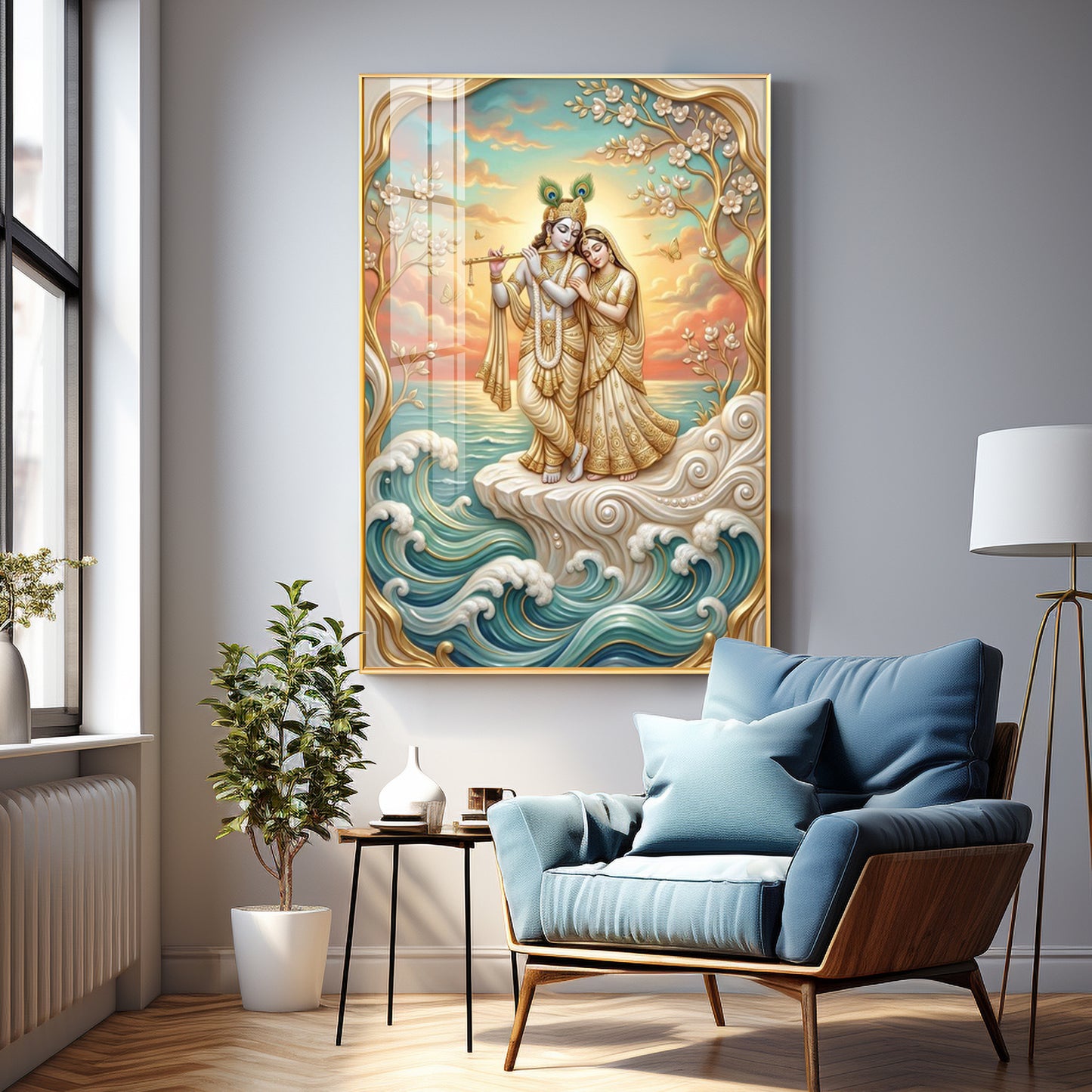 Beautiful Radha Krishna With Flute Premium Acrylic Vertical Wall Art