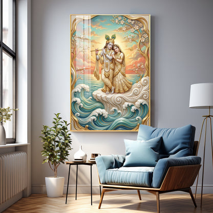 Beautiful Radha Krishna With Flute Premium Acrylic Vertical Wall Art