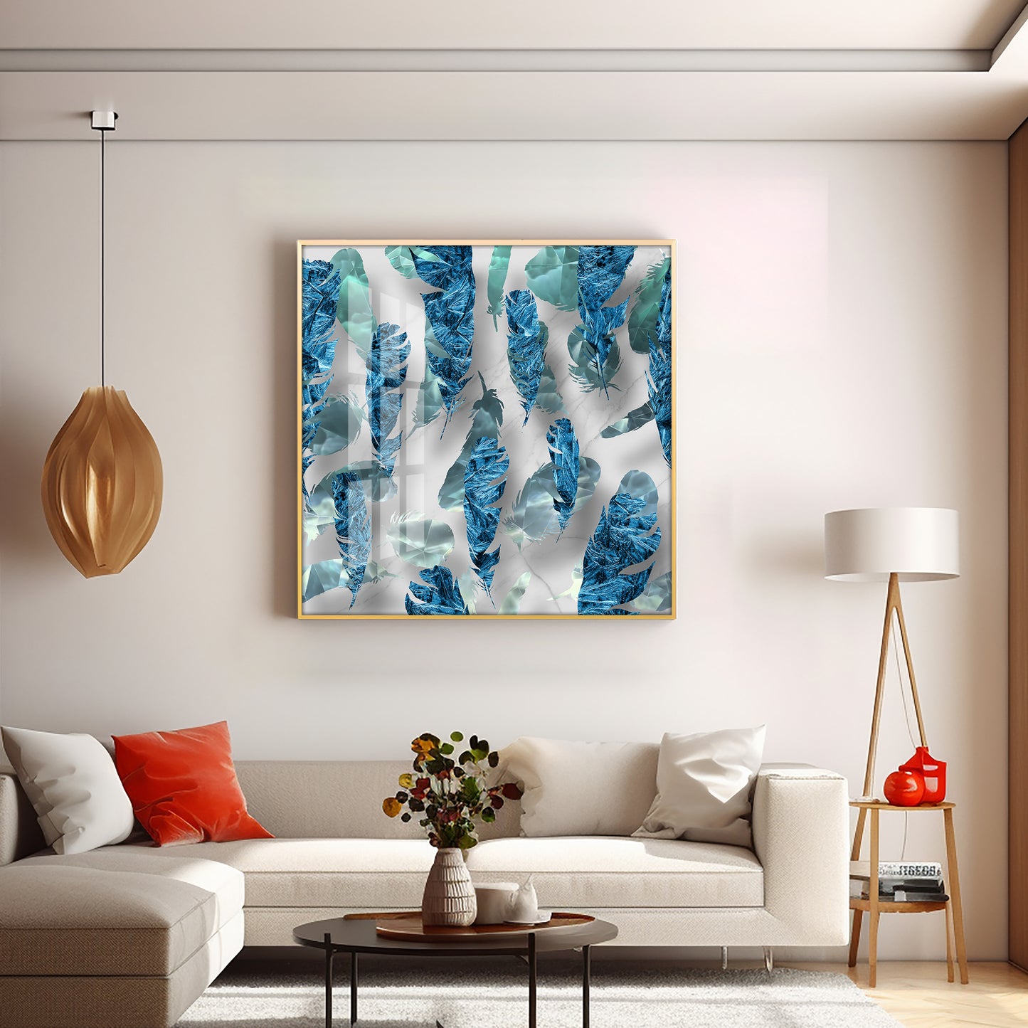 Elegant Blue Feather Premium Acrylic Square Wall Art