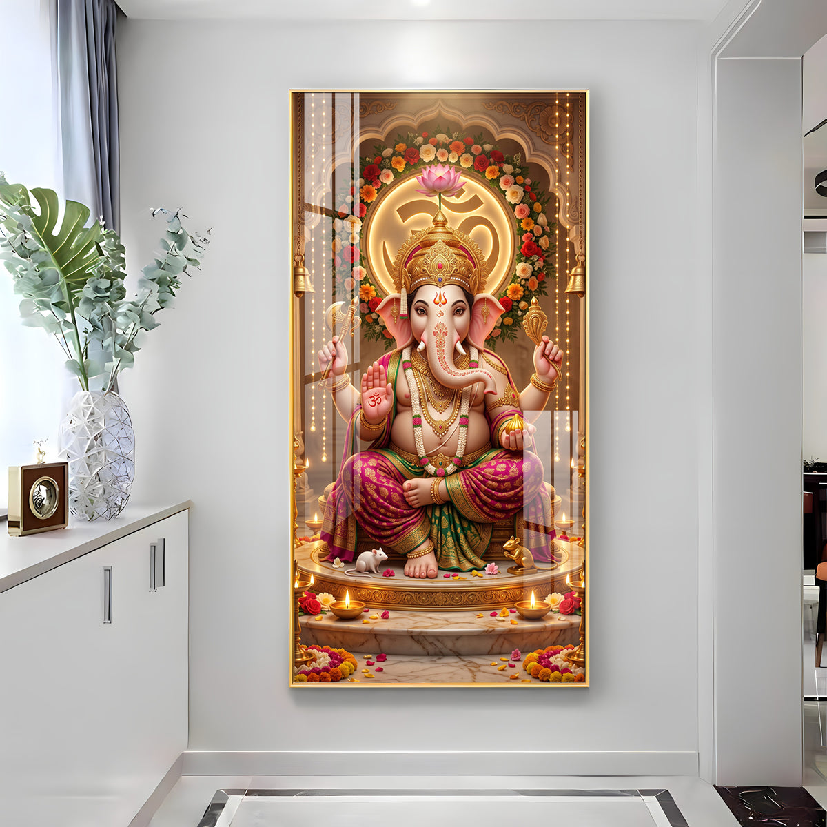 Ganapati Bappa Floral Om Premium Acrylic Vertical Wall Art