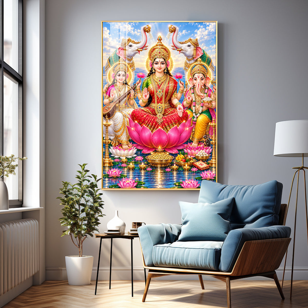 Maa Lakshmi, Saraswati & Ganesha Premium Acrylic Vertical Wall Art