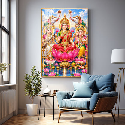 Maa Lakshmi, Saraswati & Ganesha Premium Acrylic Vertical Wall Art