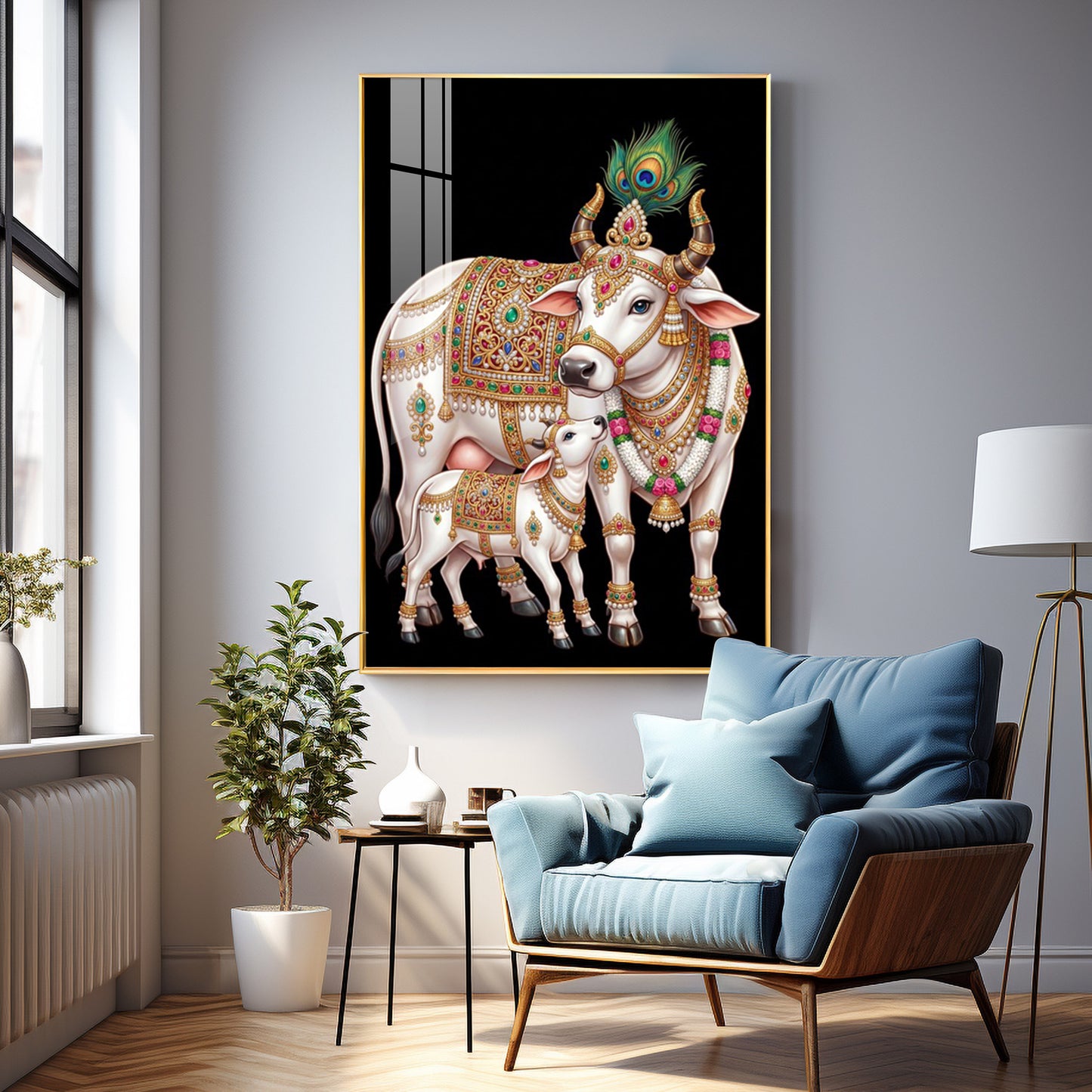 Kamdhenu Cow With Calf Premium Acrylic Vertical Wall Art