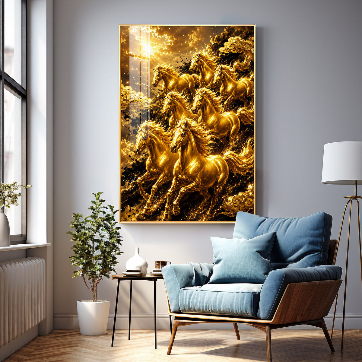 Golden Seven Horses Premium Acrylic Vertical Wall Art