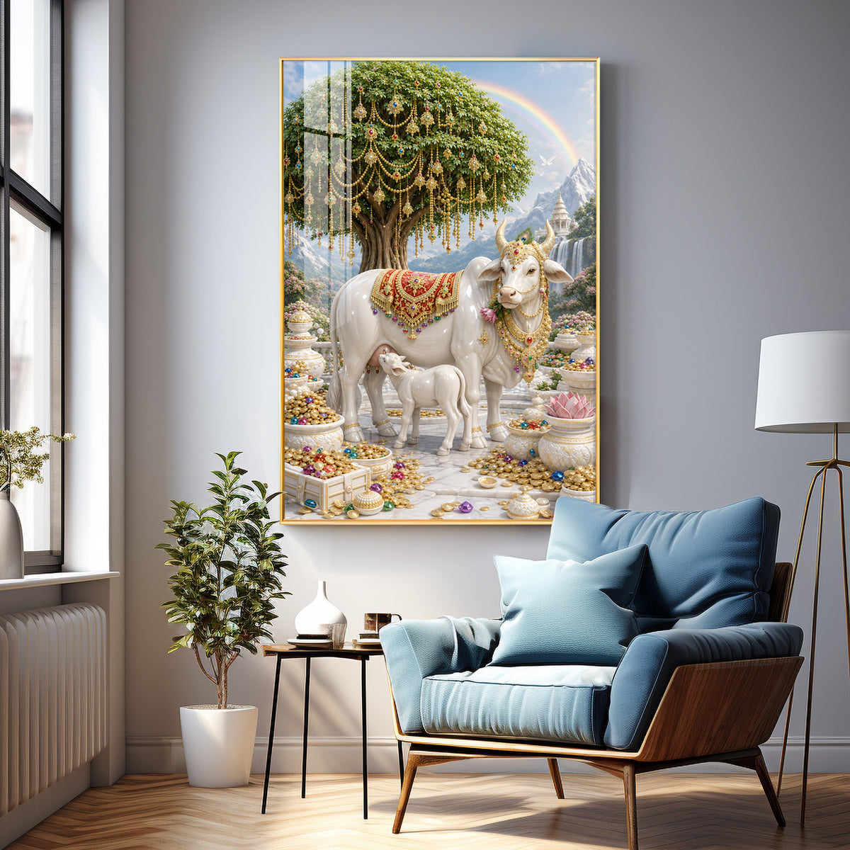 Divine Wish Fulfilling Tree & Kamadhenu Premium Acrylic Vertical Wall Art