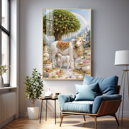 Divine Wish Fulfilling Tree & Kamadhenu Premium Acrylic Vertical Wall Art