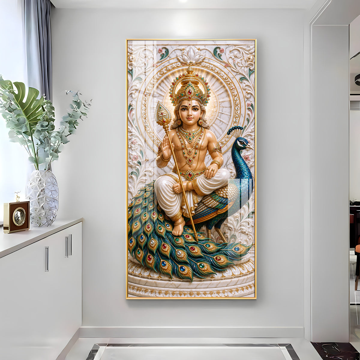 Holy Murugan With Peacock Premium Acrylic Vertical Wall Art