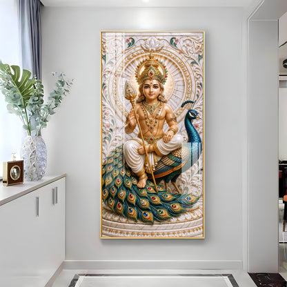 Holy Murugan With Peacock Premium Acrylic Vertical Wall Art