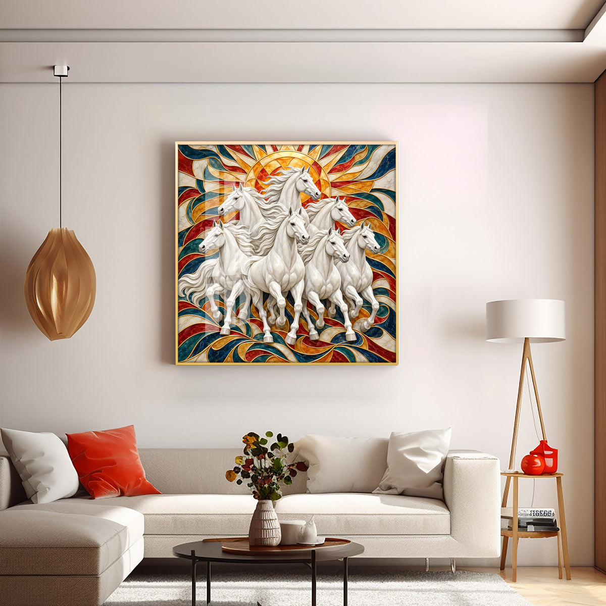 Seven Galloping White Horses Premium Acrylic Square Wall Art