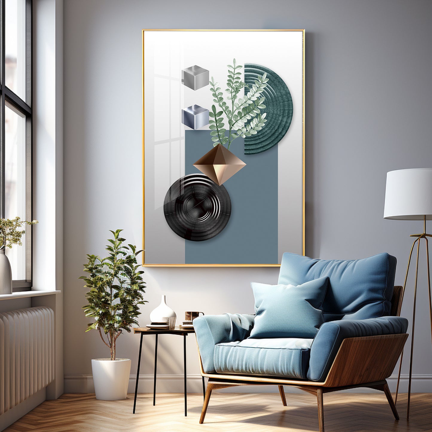 Geometric Art With Leafs Premium Acrylic Vertical Wall Art