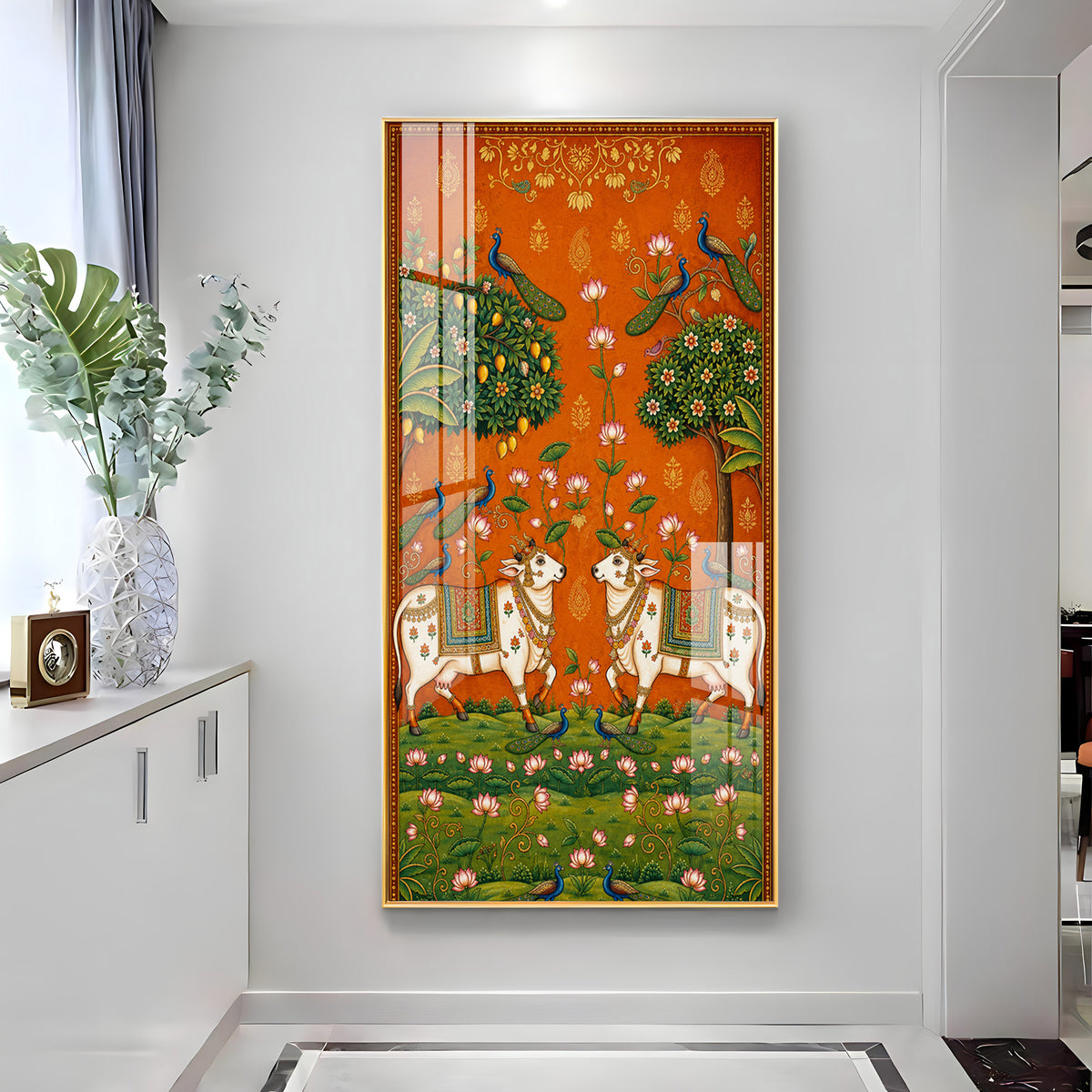 Traditional Pichwai Sacred Cows & Peacocks Premium Acrylic Vertical Wall Art