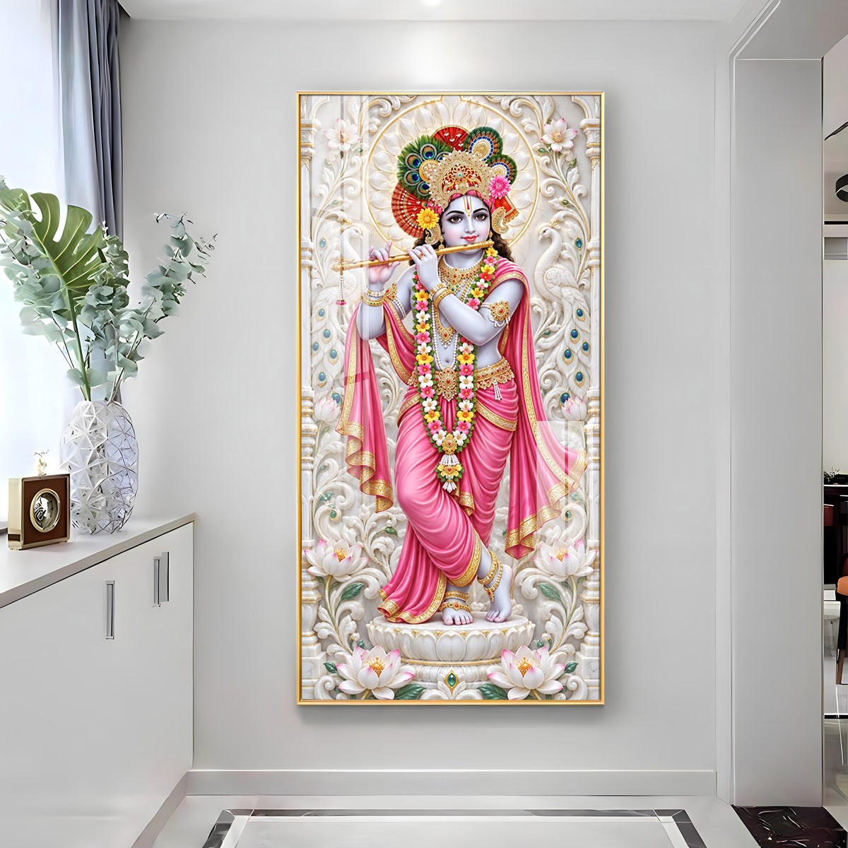 Krishna In Pink Dress Premium Acrylic Vertical Wall Art